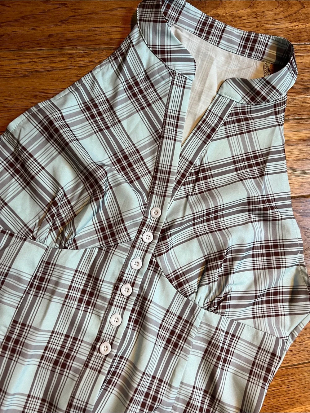 Plaid Button-Front Sleeveless Top in Light Blue and Brown